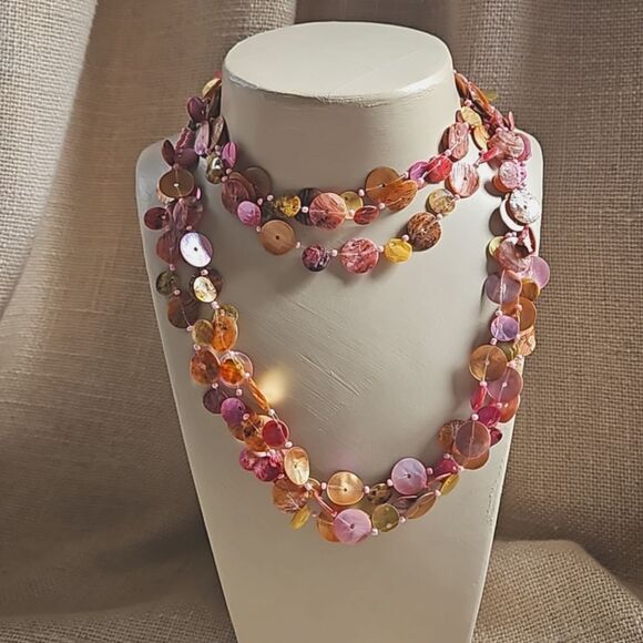 Colorful Long 36"  Round MOP Shell Chip Necklace - Rainbow Sherbet - Picture 1 of 8